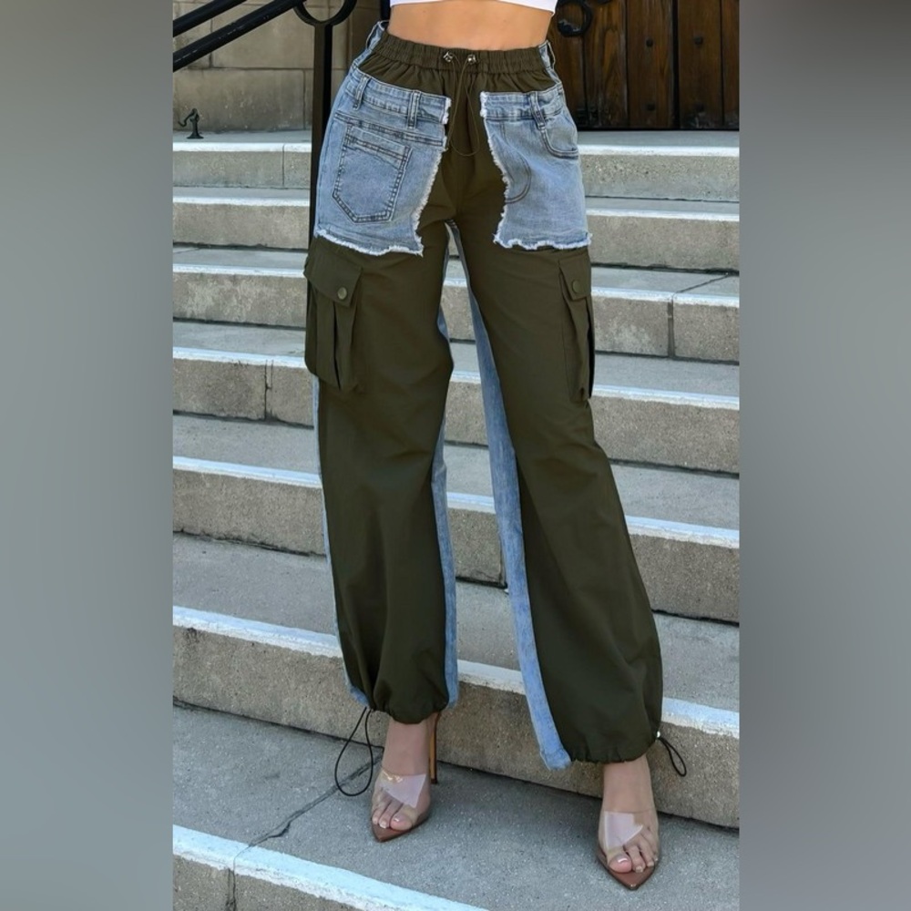 51B. Denim Patched Cargo Pants - Green